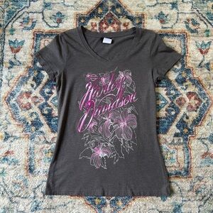 Harley Davidson Floral V-Neck T-shirt Medium